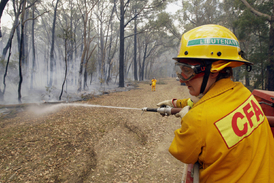 Australský hasič likviduje požár v Chum Creek severovýchodně od Melbourne (snímek z 10. února 2009).