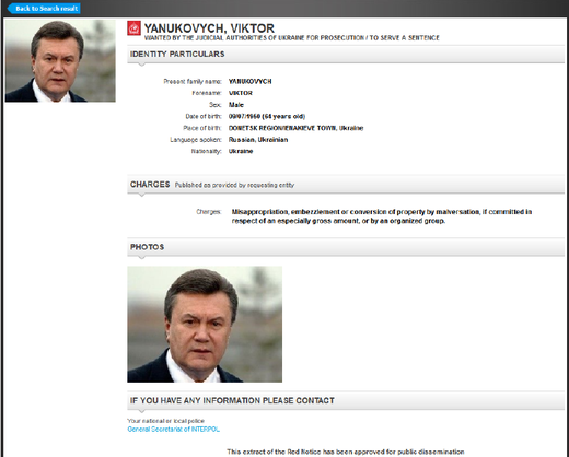 Janukovyč na webu Interpolu.