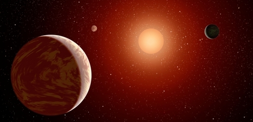 Planetární soustava okolo červeného trpaslíka, jak si ji představuje kreslíř NASA.