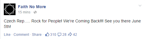 Kapela Faith No More avizuje své vystoupení v ČR na svém facebookovém profilu.