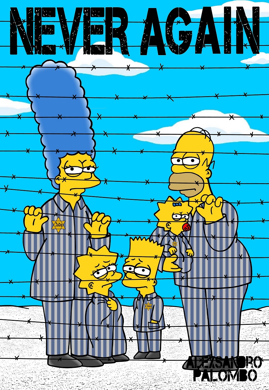 Satirický kreslíř a aktivista vyobrazuje postavičky ze známého seriálu Simpsonovi jako vězně v koncentračním táboře. "Nikdy víc", říkají hesla na tabulích obětí. Stejný název dostal i celý projekt.