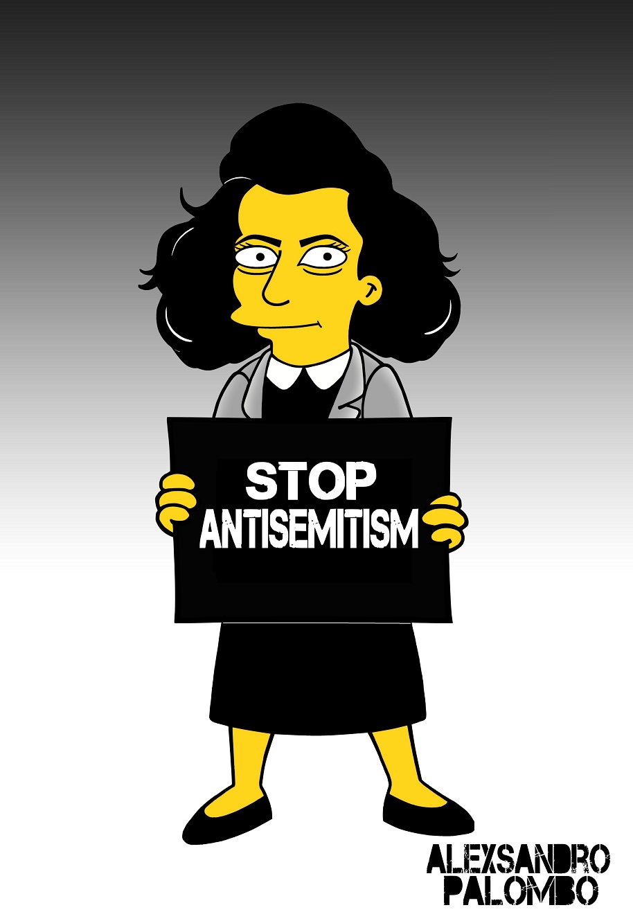 "Zastavte antisemitismus," hlásí cedule, kterou drží Anna Franková. "Jen díky paměti jsme schopni bojovat proti rasismu, antisemitismu, homofobii a všem formám netolerance, které ohrožují společnost a svobodu. Je potřeba se zasadit o rozmanitost ve společnosti," dodal aleXandro Palombo.