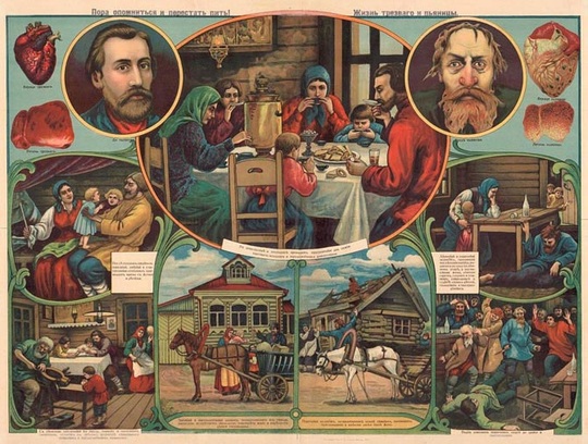 Zlo alkoholu. Propagační plakát ze začátku 20. století v Rusku.