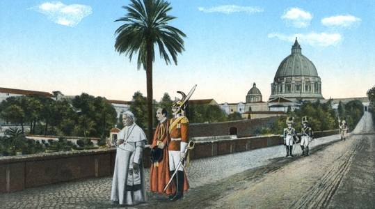 Papež Pius X. se svými gardisty na procházce roku 1910. Papež Pius X. se svými gardisty na procházce roku 1910.