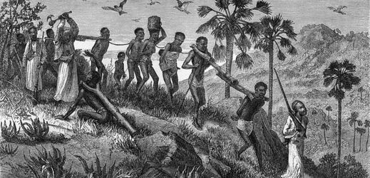 Kresba obchodníků s otroky a jejich objetí z roku 1865.
