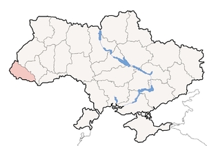 Mapa Ukrajiny s červeně vyznačenou oblastí Podkarpatské Rusy.