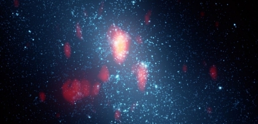 Kombinace obrazů galaxie ve viditelném světle a v oblasti radiového záření. Žlutá a červená barva znamená mezihvězdný plyn. Bílé kuličky jsou hvězdné shluky. Nejjasnější část obrázku je mrak D.