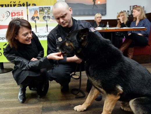 Herečka Jana Stryková (vlevo) předala psovodu Františku Kohoutovi a jeho německému ovčákovi Romerovi ocenění v kategorii Záchranný čin služebních a záchranářských psů