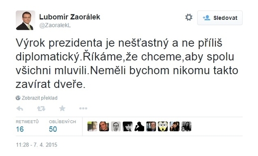 Twitterový příspěvek ministra Zaorálka.