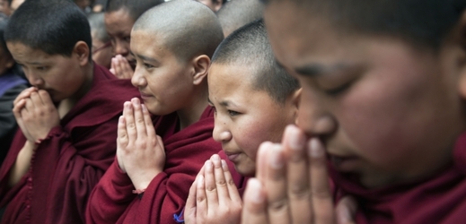Modlící se tibetští mniši v exilu.