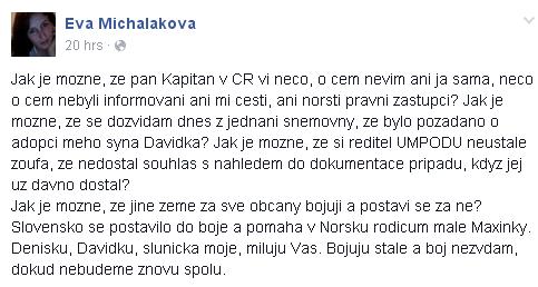 Vyjádření Evy Michalákové na Facebooku.