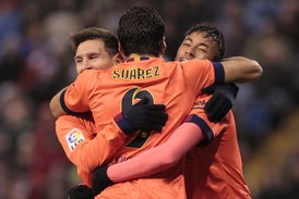 Barcelonské útočné trio Messi, Neymar, Suárez.