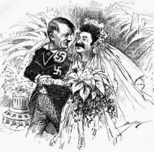 Karikatura k paktu mezi Hitlerem a Stalinem z roku 1939.