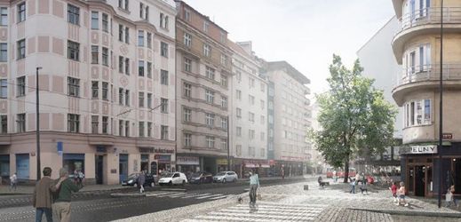 Vizualizace Vinohradské ulice, kde by se měly mimo jiné rozšířit chodníky a zvýšit počet košů.