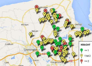 Mapa zemětřesení u Groningenu, místa jsou označena podle síly Richtera.
