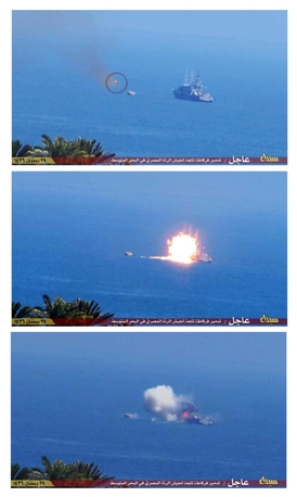 Fotografie zveřejněné radikály na internetu ukazují raketu mířící na loď a poté explozi plavidla