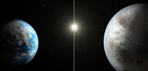 Vědci oznámili objev exoplanety podobné Zemi v její blízkosti. Ilustrace představuje jednu z možných podob Kepler-452b (vpravo). Nevědí však, zda má planeta oceány a kontinenty jako jsou na Zemi.