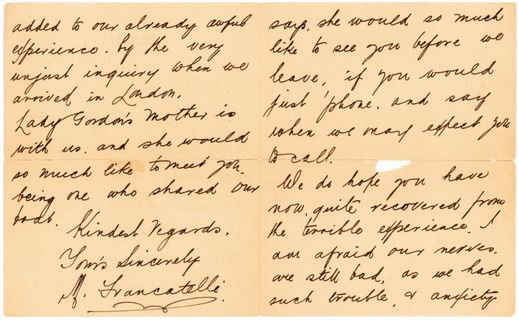 Dopis podepsaný přeživším ze člunu číslo 1 Mabelem Francatellim.