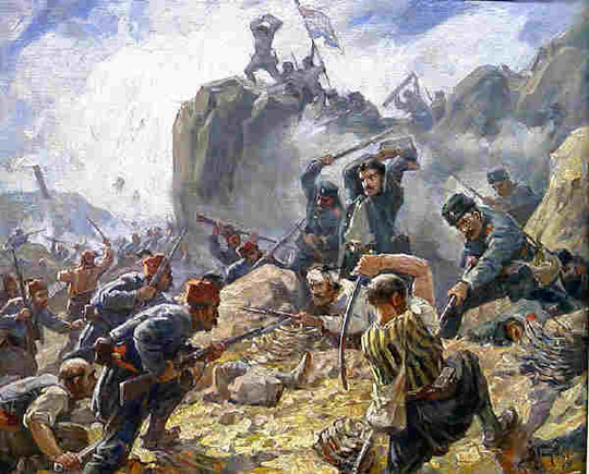 Vítězná bitva Rusů a Bulharů s Osmany v průsmyku Šipka roku 1878.