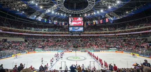 O2 Arena při mistrovství světa v ledním hokeji.