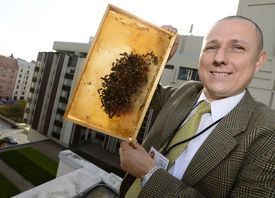 Správce včelstev Augustin Uváčik představil střešní včelstvo na střeše hotelu InterContinental Prague.
