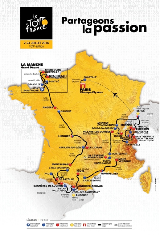 Mapa Tour de France pro rok 2016.