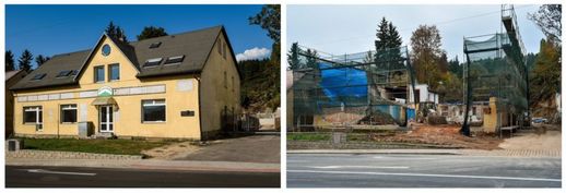 Na snímku vlevo je dům v srpnu 2015, vpravo "rekonstrukce".