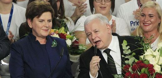Tváře konzervativní strany Právo a spravedlnost Jaroslaw Kaczyński a Beata Szydlová.