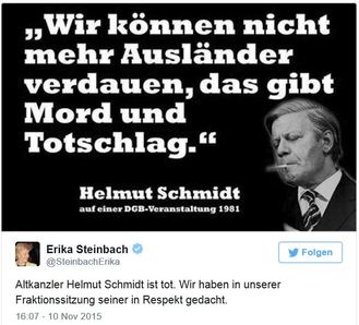 Citát z Helmuta Schmidta na Twitteru Steinbachové.