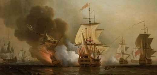 Obraz Samuela Scotta zobrazuje bitvu, při které došlo k potopení španělské lodi San José.