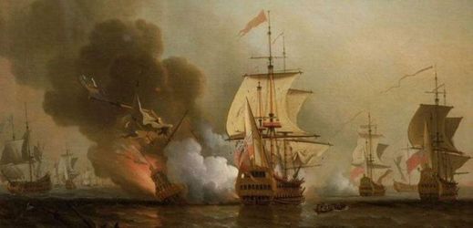 Obraz Samuela Scotta. Bitva, při které Angličané potopili španělskou galeonu San José.