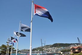 Na snímku alternativní národní vlajky visící v centru města Wellington. Kritici historické vlajky říkají, že je příliš podobná australské vlajce a že se jedná o pozůstatek koloniální minulosti.