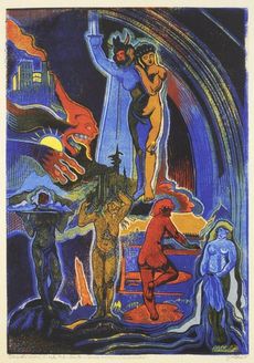 Výstava Sto děl z Galerie výtvarného umění v Ostravě, která je koncipována k 90. výročí založení galerie, představuje reprezentativní vzorek z kolekce evropského a českého umění. Na snímku obraz Josefa Váchala, Šumavská božstva, 1931.