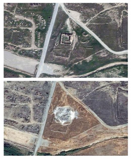 Tato komparace dvou satelitních snímků ukazuje 1400 let starý křesťanský klášter svatého Eliáše, který se stal obětí ničení IS.