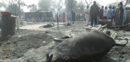 Vyhořelé domy po útoku Boko Haram v nigerské obci Daroli.