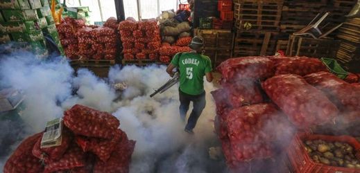 Pracovník ministerstva zdravotnictví stříká desinfekci na tržišti ve městě Managua, Nikaragua. 