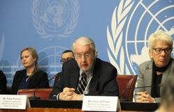 Předseda vyšetřovací komise pro Sýrii Paulo Pinheiro na jednání v Ženevě.