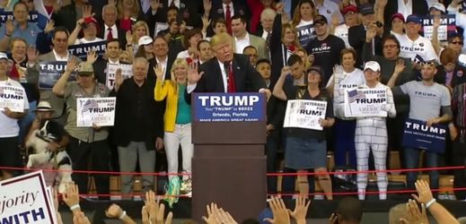 Donald Trump při mítinku, kde údajně vyzýval k fašistickému pozdravu.