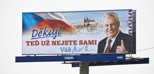 Prezident Miloš Zeman na billboardu po zvolení do úřadu.