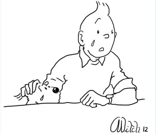 Známá belgická postavička Tintin pláče nad obětmi úterního útoku.