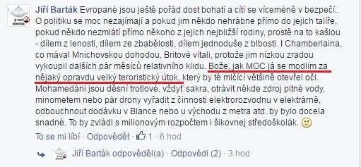 Detail příspěvku člena akční rady Bloku proti Islámu Jiřího Bartáka.
