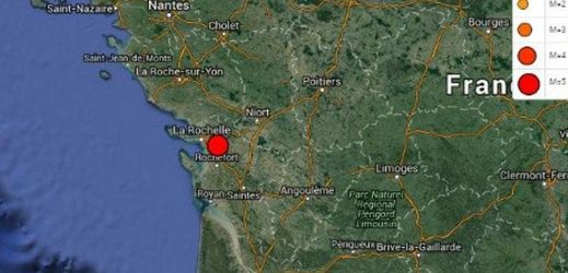 Mapa ukazující místo zemětřesení.