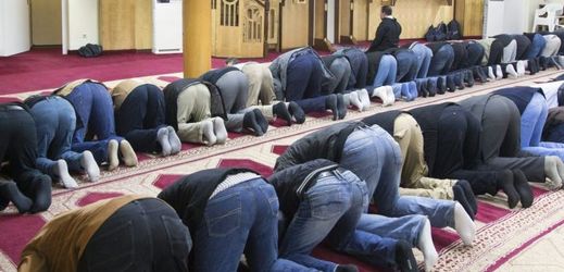 Muslimové modlící se v mešitě v Berlíně.