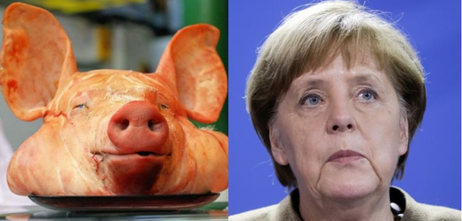 Prasečí hlava pro kancléřku Merkelovou. Koláž.