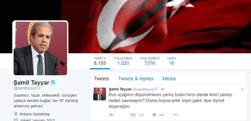 Twitterový účet tureckého politika Samila Tayyara.