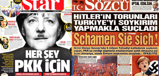Odplata za uznání genocidy Arménů: Turecký provládní i protivládní tisk přirovnává Angelu Merkelovou k nacistickému vůdci Adolfu Hitlerovi.