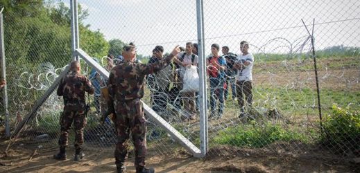 Maďarští vojáci střežící plot na hranici před průnikem migrantů.