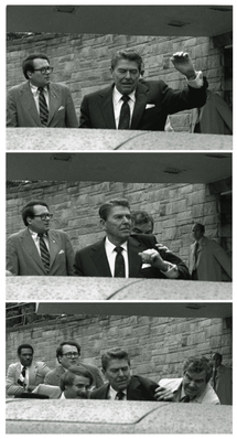 Archivní záběry z nepodařeného atentátu na prezidenta Ronalda Reagana z roku 1981.