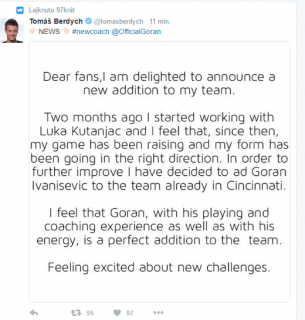 Vzkaz Tomáš Berdycha na Twitteru.