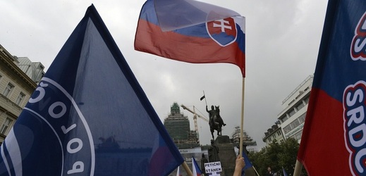 Na demonstraci v horní části náměstí vlály různé vlajky. 